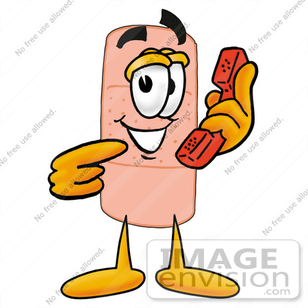 #22469 Clip art Graphic of a Bandaid Bandage Cartoon Character Holding a Telephone by toons4biz