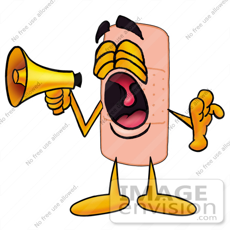 #22473 Clip art Graphic of a Bandaid Bandage Cartoon Character Screaming Into a Megaphone by toons4biz
