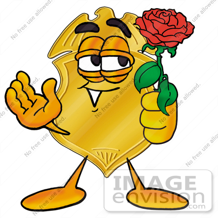 #22474 Clip art Graphic of a Gold Law Enforcement Police Badge Cartoon Character Holding a Red Rose on Valentines Day by toons4biz