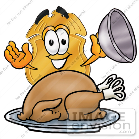 #22477 Clip art Graphic of a Gold Law Enforcement Police Badge Cartoon Character Serving a Thanksgiving Turkey on a Platter by toons4biz