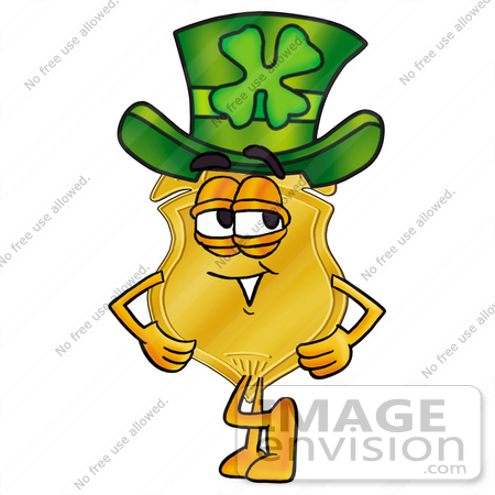 #22478 Clip art Graphic of a Gold Law Enforcement Police Badge Cartoon Character Wearing a Saint Patricks Day Hat With a Clover on it by toons4biz