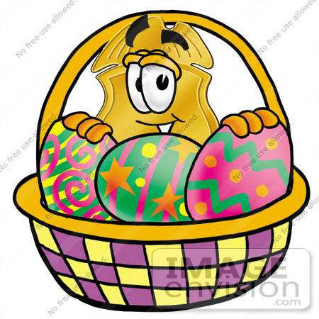 #22480 Clip art Graphic of a Gold Law Enforcement Police Badge Cartoon Character in an Easter Basket Full of Decorated Easter Eggs by toons4biz