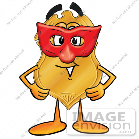 #22481 Clip art Graphic of a Gold Law Enforcement Police Badge Cartoon Character Wearing a Red Mask Over His Face by toons4biz