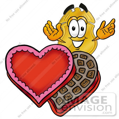 #22483 Clip art Graphic of a Gold Law Enforcement Police Badge Cartoon Character With an Open Box of Valentines Day Chocolate Candies by toons4biz