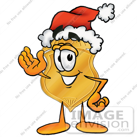 #22484 Clip art Graphic of a Gold Law Enforcement Police Badge Cartoon Character Wearing a Santa Hat and Waving by toons4biz