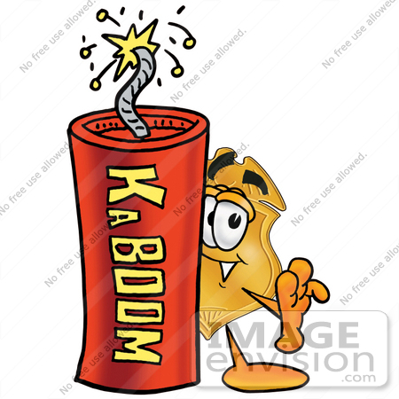 #22485 Clip art Graphic of a Gold Law Enforcement Police Badge Cartoon Character Standing With a Lit Stick of Dynamite by toons4biz