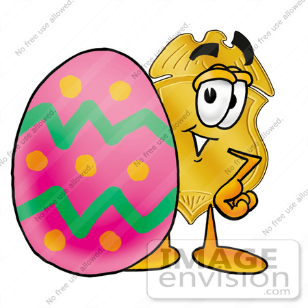 #22486 Clip art Graphic of a Gold Law Enforcement Police Badge Cartoon Character Standing Beside an Easter Egg by toons4biz