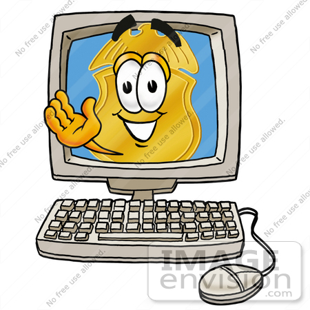 #22490 Clip art Graphic of a Gold Law Enforcement Police Badge Cartoon Character Waving From Inside a Computer Screen by toons4biz
