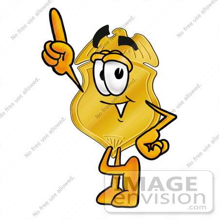 #22491 Clip art Graphic of a Gold Law Enforcement Police Badge Cartoon Character Pointing Upwards by toons4biz