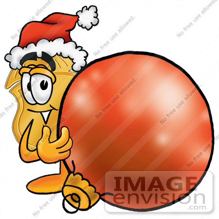 #22493 Clip art Graphic of a Gold Law Enforcement Police Badge Cartoon Character Wearing a Santa Hat, Standing With a Christmas Bauble by toons4biz