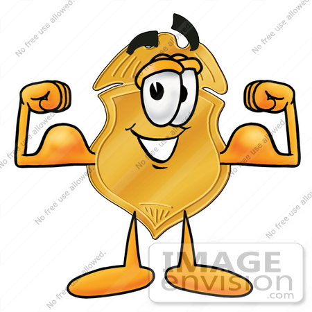 #22494 Clip art Graphic of a Gold Law Enforcement Police Badge Cartoon Character Flexing His Arm Muscles by toons4biz
