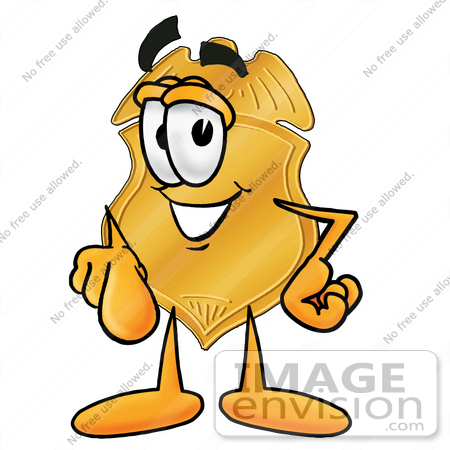 #22495 Clip art Graphic of a Gold Law Enforcement Police Badge Cartoon Character Pointing at the Viewer by toons4biz