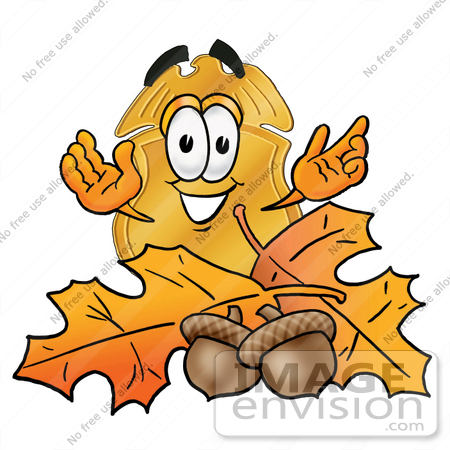 #22497 Clip art Graphic of a Gold Law Enforcement Police Badge Cartoon Character With Autumn Leaves and Acorns in the Fall by toons4biz