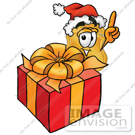 #22498 Clip art Graphic of a Gold Law Enforcement Police Badge Cartoon Character Standing by a Christmas Present by toons4biz