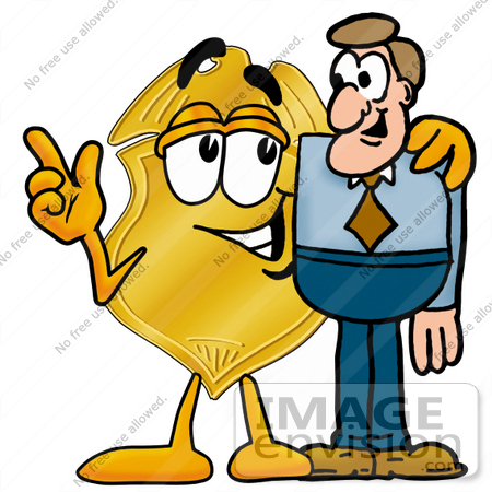 #22499 Clip art Graphic of a Gold Law Enforcement Police Badge Cartoon Character Talking to a Business Man by toons4biz