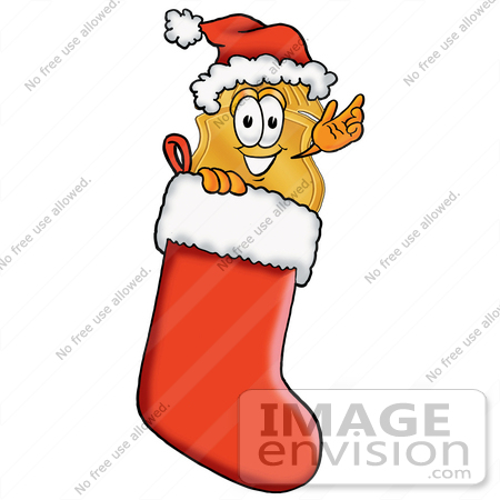 #22501 Clip art Graphic of a Gold Law Enforcement Police Badge Cartoon Character Wearing a Santa Hat Inside a Red Christmas Stocking by toons4biz