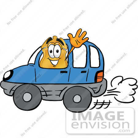 #22502 Clip art Graphic of a Gold Law Enforcement Police Badge Cartoon Character Driving a Blue Car and Waving by toons4biz