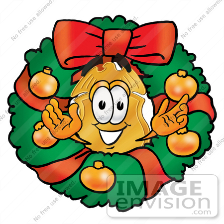 #22505 Clip art Graphic of a Gold Law Enforcement Police Badge Cartoon Character in the Center of a Christmas Wreath by toons4biz