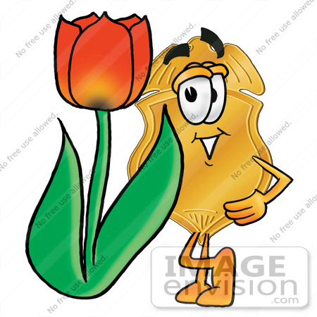 #22506 Clip art Graphic of a Gold Law Enforcement Police Badge Cartoon Character With a Red Tulip Flower in the Spring by toons4biz