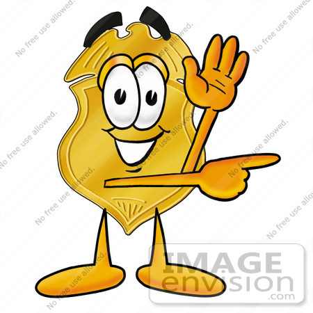 #22511 Clip art Graphic of a Gold Law Enforcement Police Badge Cartoon Character Waving and Pointing by toons4biz