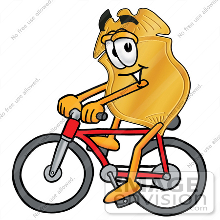 #22512 Clip art Graphic of a Gold Law Enforcement Police Badge Cartoon Character Riding a Bicycle by toons4biz