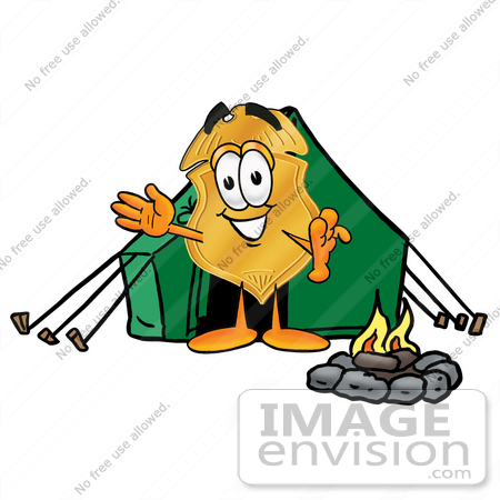 #22513 Clip art Graphic of a Gold Law Enforcement Police Badge Cartoon Character Camping With a Tent and Fire by toons4biz