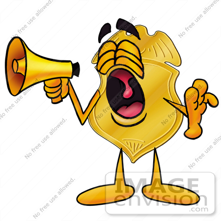 #22514 Clip art Graphic of a Gold Law Enforcement Police Badge Cartoon Character Screaming Into a Megaphone by toons4biz
