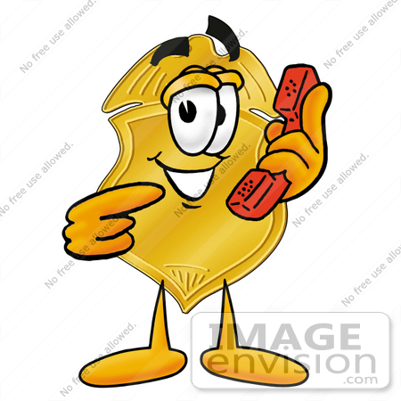 #22515 Clip art Graphic of a Gold Law Enforcement Police Badge Cartoon Character Holding a Telephone by toons4biz