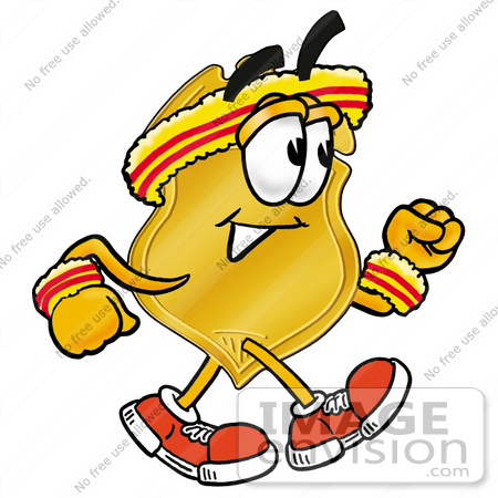 #22516 Clip art Graphic of a Gold Law Enforcement Police Badge Cartoon Character Speed Walking or Jogging by toons4biz