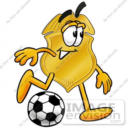 #22518 Clip art Graphic of a Gold Law Enforcement Police Badge Cartoon Character Kicking a Soccer Ball by toons4biz