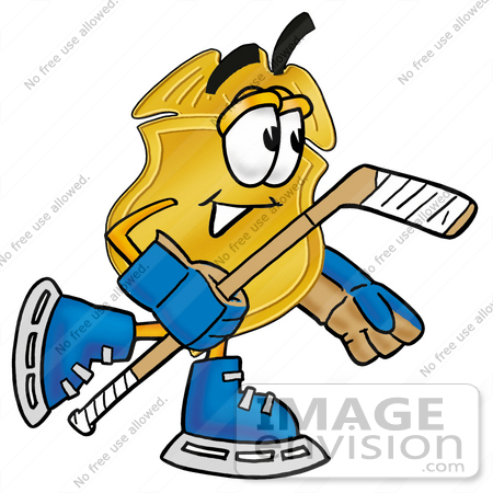 #22520 Clip art Graphic of a Gold Law Enforcement Police Badge Cartoon Character Playing Ice Hockey by toons4biz