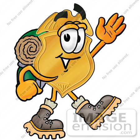 #22523 Clip art Graphic of a Gold Law Enforcement Police Badge Cartoon Character Hiking and Carrying a Backpack by toons4biz