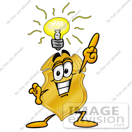 #22525 Clip art Graphic of a Gold Law Enforcement Police Badge Cartoon Character With a Bright Idea by toons4biz