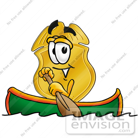 #22527 Clip art Graphic of a Gold Law Enforcement Police Badge Cartoon Character Rowing a Boat by toons4biz