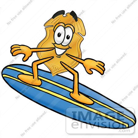 #22528 Clip art Graphic of a Gold Law Enforcement Police Badge Cartoon Character Surfing on a Blue and Yellow Surfboard by toons4biz