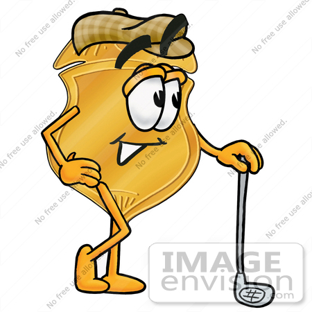 #22529 Clip art Graphic of a Gold Law Enforcement Police Badge Cartoon Character Leaning on a Golf Club While Golfing by toons4biz
