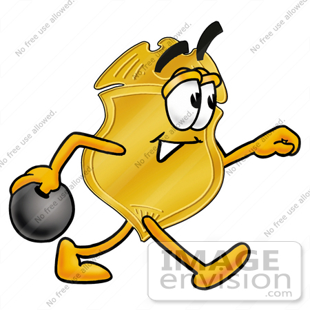 #22531 Clip art Graphic of a Gold Law Enforcement Police Badge Cartoon Character Holding a Bowling Ball by toons4biz