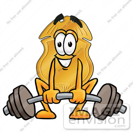 #22532 Clip art Graphic of a Gold Law Enforcement Police Badge Cartoon Character Lifting a Heavy Barbell by toons4biz