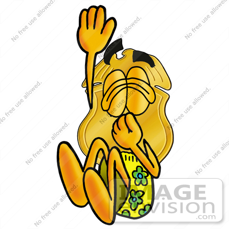 #22535 Clip art Graphic of a Gold Law Enforcement Police Badge Cartoon Character Plugging His Nose While Jumping Into Water by toons4biz