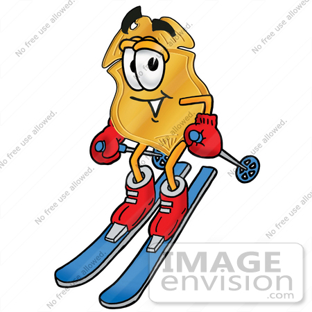 #22536 Clip art Graphic of a Gold Law Enforcement Police Badge Cartoon Character Skiing Downhill by toons4biz