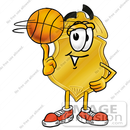 #22537 Clip art Graphic of a Gold Law Enforcement Police Badge Cartoon Character Spinning a Basketball on His Finger by toons4biz