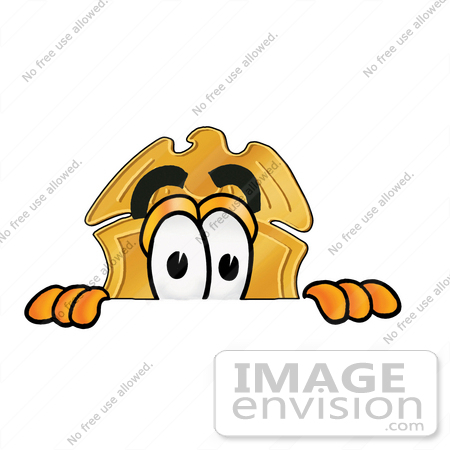 #22538 Clip art Graphic of a Gold Law Enforcement Police Badge Cartoon Character Peeking Over a Surface by toons4biz