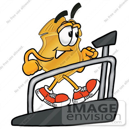 #22539 Clip art Graphic of a Gold Law Enforcement Police Badge Cartoon Character Walking on a Treadmill in a Fitness Gym by toons4biz