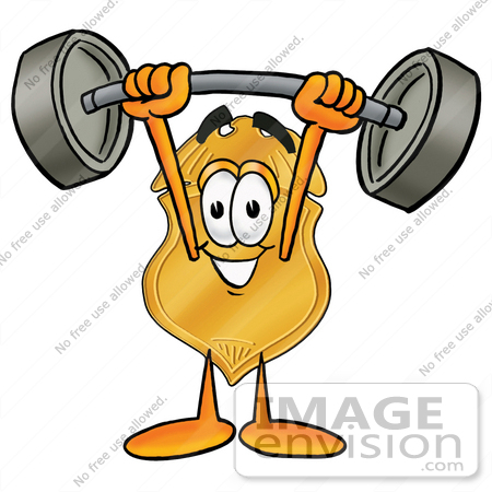 #22540 Clip art Graphic of a Gold Law Enforcement Police Badge Cartoon Character Holding a Heavy Barbell Above His Head by toons4biz