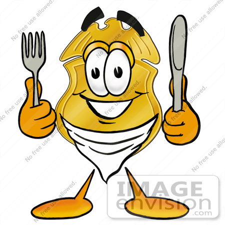 #22541 Clip art Graphic of a Gold Law Enforcement Police Badge Cartoon Character Holding a Knife and Fork by toons4biz