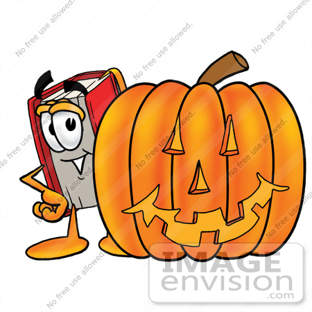 #22546 Clip Art Graphic of a Book Cartoon Character With a Carved Halloween Pumpkin by toons4biz