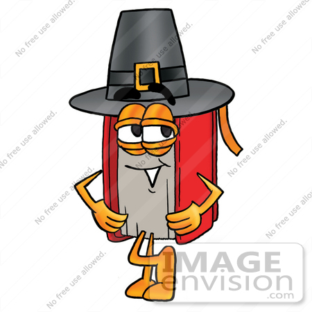 #22547 Clip Art Graphic of a Book Cartoon Character Wearing a Pilgrim Hat on Thanksgiving by toons4biz