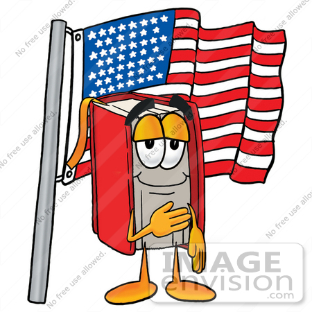 #22551 Clip Art Graphic of a Book Cartoon Character Pledging Allegiance to an American Flag by toons4biz