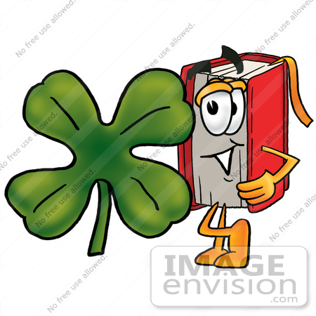 #22552 Clip Art Graphic of a Book Cartoon Character With a Green Four Leaf Clover on St Paddy’s or St Patricks Day by toons4biz
