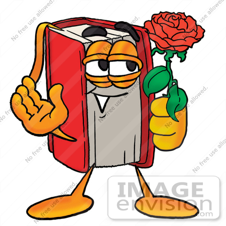 #22554 Clip Art Graphic of a Book Cartoon Character Holding a Red Rose on Valentines Day by toons4biz